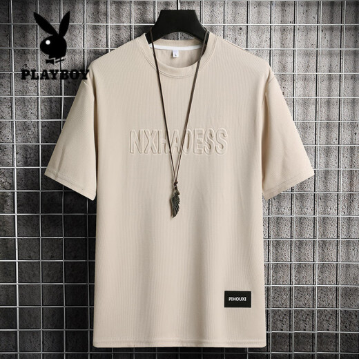 花花公子（PLAYBOY）冰丝短袖t恤男士夏季薄款简约钢印字母半袖宽松潮流百搭休闲体恤 829军绿 XL (约130-150斤可穿)