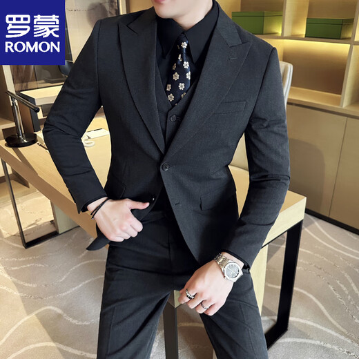 ROMON wide collar peak lapel suit business formal three-piece suit double slit wedding groom suit men's slim dark gray suit + vest + trousers two buttons L