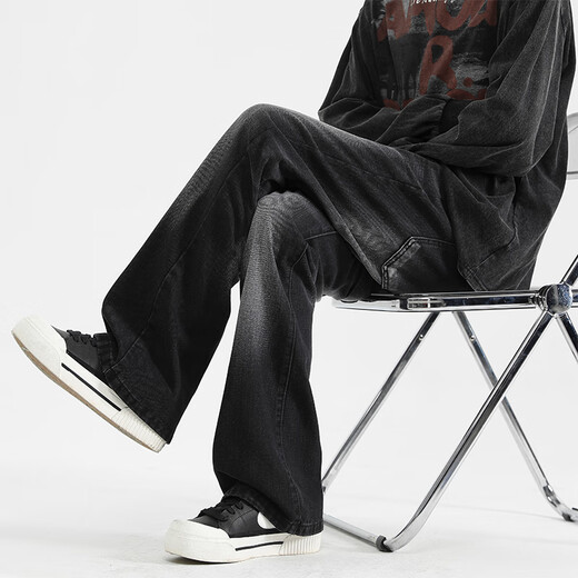 MONPOC American high street bootcut jeans men's spring, autumn and winter trendy casual straight long pants 908 black gray L