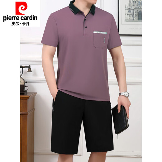 皮尔卡丹（pierre cardin）2025夏季新款中年男士爸爸父亲装冰丝短袖t恤短裤跑步运动服套装 693暗红 L 建议100斤-----120斤体恤+裤子