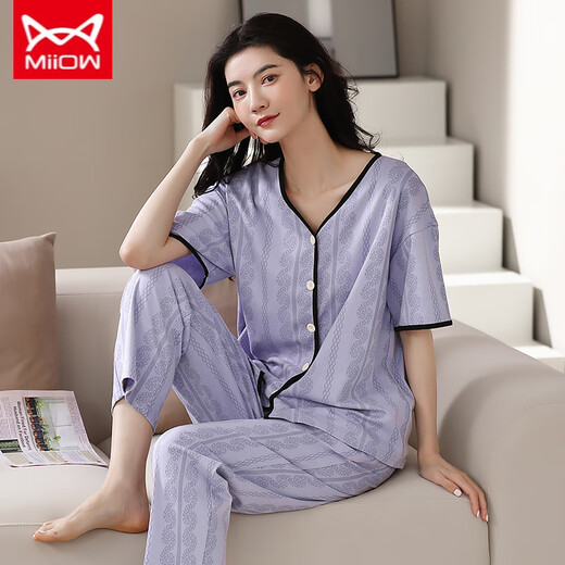 
Catman MIIOW pajamas for women in spring and summer short-sleeved trousers cardigan Korean style cute V-neck summer home clothes full cotton set YSH-9734# cardigan L size 100-120Jin [Jin equals 0.5 kg]