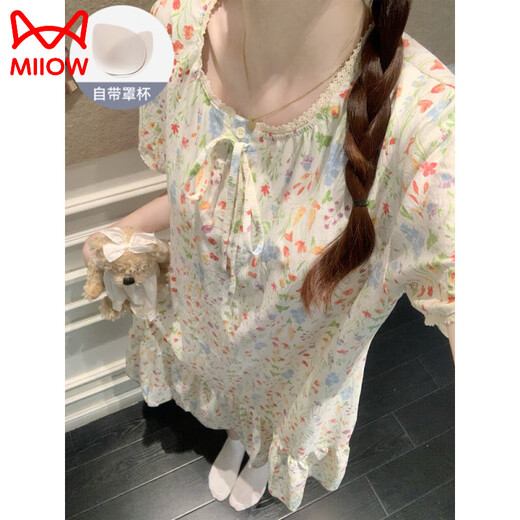猫人（MiiOW）公主风睡衣女款夏季带胸垫彩色碎花田园风短袖睡裙2025新款家居服 16862缤纷花草固定胸垫 2XL 175