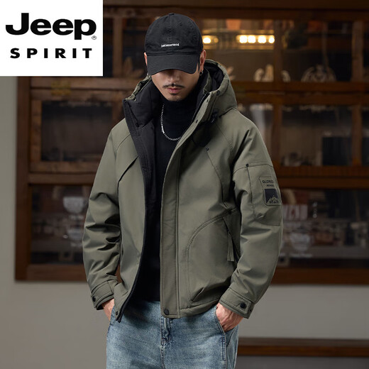 JEEP SPIRIT Workwear Jacket Down Jacket Men's Winter Thickened 2025 New Men's Short Loose Hooded Warm Jacket Army Green 2XL 160-175Jin Jin is equal to 0.5 kg