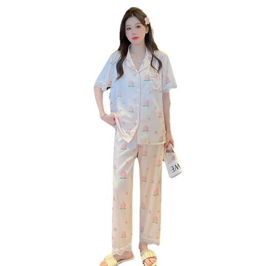 浪莎水蜜桃蕾丝睡衣女夏款冰丝滑感短袖长裤甜美家居 YFY-9905#短袖长裤 L 建议100-115斤