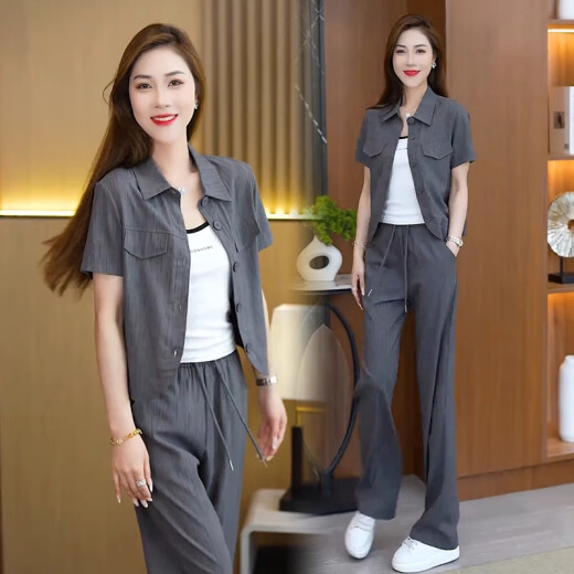 忻依美时尚套装女2025夏季新款洋气宽松显瘦短袖开衫上衣阔腿裤两件套 浅绿色套装+背心【三件套】 XL 【110-120斤】