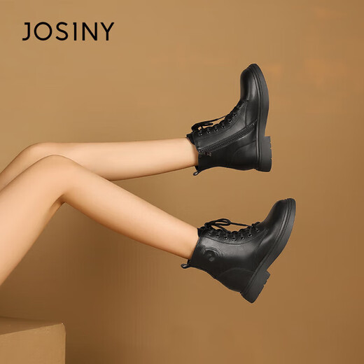 Zhuoshini Martin boots for women winter all-match college style flat mid-heel lace-up short casual boots black 36