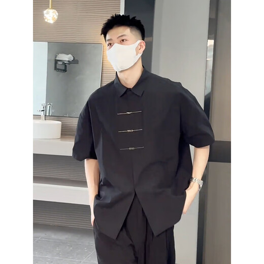Woodpecker (Tucano) Nouveau bouton d'avion chinois chemise à manches courtes pantalon drapé pour hommes en été porte un ensemble complet de vêtements de fiançailles vêtements blancs + t-shirt noir + pantalon noir trois pièces xl [125-140jin [Jin est égal à 0,5 kg]]]