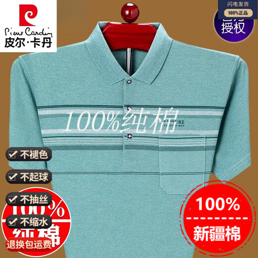 皮尔卡丹短袖t恤男纯棉爸爸夏装POLO衫夏装真口袋中年宽松翻领半袖上衣 短袖9906兰色 M 165建议120斤以内