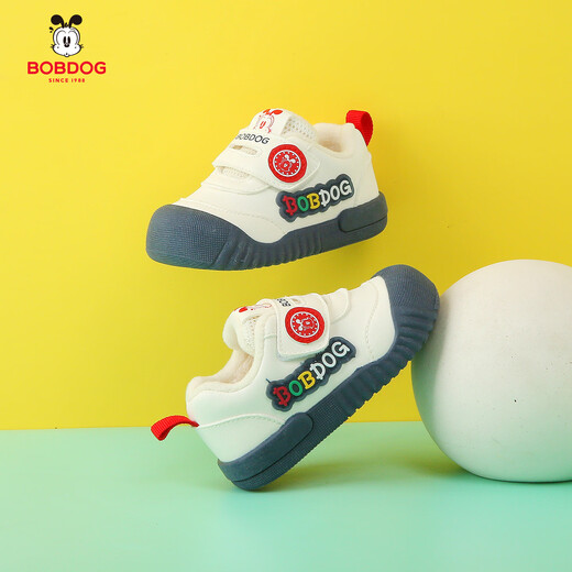 BOBDOG baby boy toddler shoes, autumn and winter leather and velvet warm cotton shoes, non-slip soft sole casual functional shoes for infants and young children, 678 meters navy blue (velvet winter style) size 16/shoe inner length 12cm