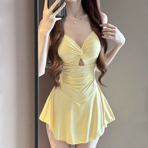 Bai Qixin swimsuit women's one-piece conservative belly-covering slimming long-sleeved sun protection blouse skirt style vacation beach hot spring 2025 Xia Xin yellow blouse two-piece set one size (recommended 70-120 Jin Jin is equal to 0.5 kg)