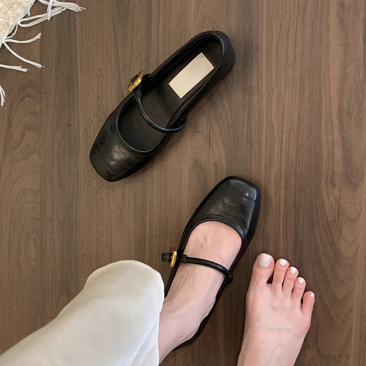 乐卡利软底浅口玛丽珍鞋女2025夏季款通勤百搭一字带单鞋法式复古平底鞋 黑色 卡码拍大 37