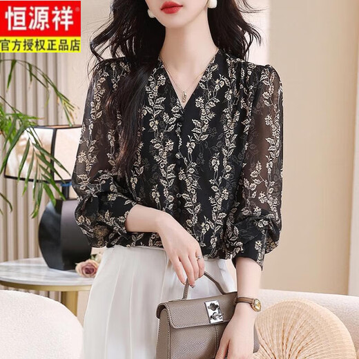 Hengyuanxiang Fashion Loose V-Chiffon Chiffon Chiffon Camiseta para mujeres 2025 Nuevo primavera y otoño Slim y Evergrande principios de primavera y top de otoño Black 3xl 135-145