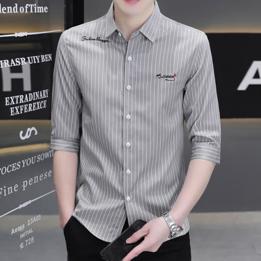 森马（Semir）商场同款男装2025夏季衬衫男条纹中袖韩版修身潮流半袖休闲小衫男 HT684黑色 M 90-105斤穿