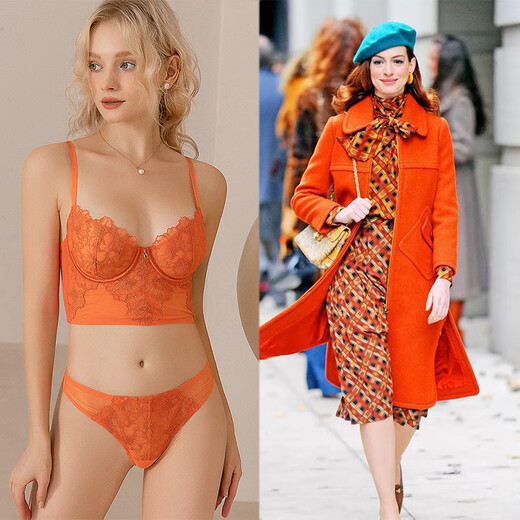 Victoria French sexy bra, lace ultra-thin bra set, anti-sagging, sponge-free bra, large breasts showing small underwear set, orange 70C/32