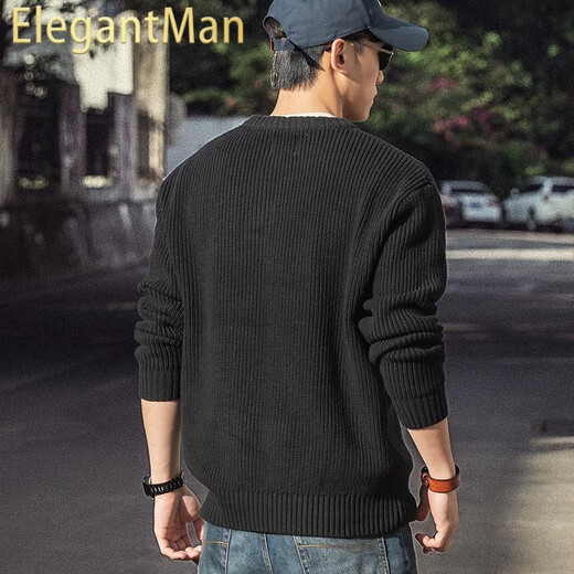 ElegantMan Henry Collar Sweater Men's Winter Heavyweight American Retro Thickened Warm Men's Loose Knitwear Autumn and Winter Black S _Suitable for 90-119Jin Jin is equal to 0.5 kg