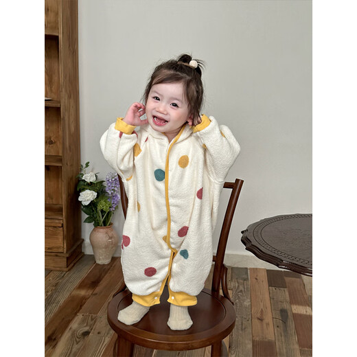 心楠婴儿春秋季连体衣女宝宝超萌毛绒加厚连帽爬服保暖家居服睡衣秋季 彩色波点连帽连体衣【加绒】 90cm