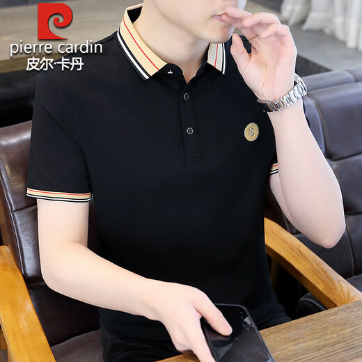 Pier Cardin high-end pure cotton short-sleeved T-shirt for men 2025 summer new striped short-sleeved Polo shirt casual versatile lapel t-shirt 6626 gray L suggest 105-120Jin [Jin equals 0.5 kg]