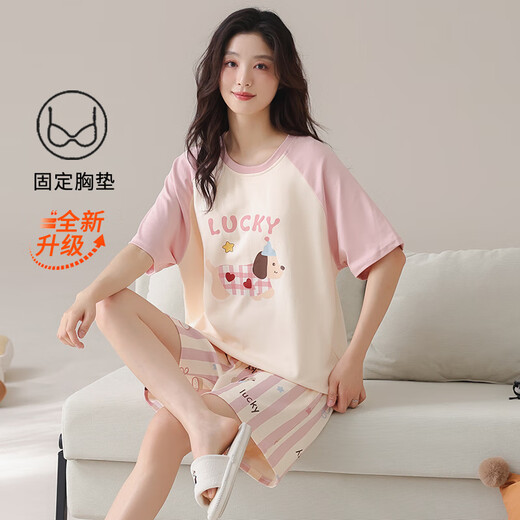 Cat man pure cotton pajamas for women with breast pads in summer 100 cotton thin cartoon sweet and can be worn outside in spring and autumn home clothes Christmas puppy two-piece set [no bra] L [weight 100-120 Jin [Jin equals 0.5 kg]]