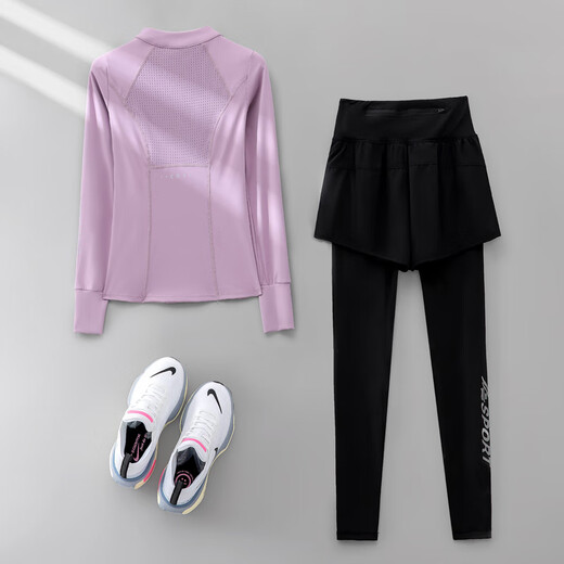 Phigeer autumn running sports suit women's morning running suit long-sleeved quick-drying suit fitness suit half-zip Pilates yoga suit purple two-piece set (purple pants) M
