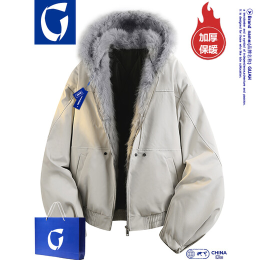 Guah mountain carving cotton coat men's winter velvet thickened men's coat American feather puffer coat warm loose trendy cotton coat black XL