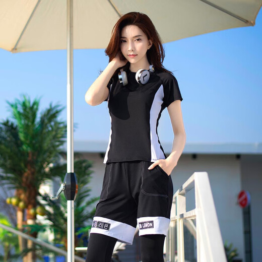 Duocai four-piece set 2019 new Internet celebrity quick-drying slimming sportswear tops long pants short-sleeved shorts T-shirt professional gym running yoga suit black + white 2XL