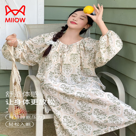 Catman Miiow Nachthemd Frauen langärmelte Frühlings- und Herbststil mit Brustpolstern integrierte Prinzessinstil süßer loser Pyjamas Baumwolle Langer Rock weich 13068 [mit Brustpolstern ohne BH] M [80-100jin [Jin gleich 0,5 kg]]