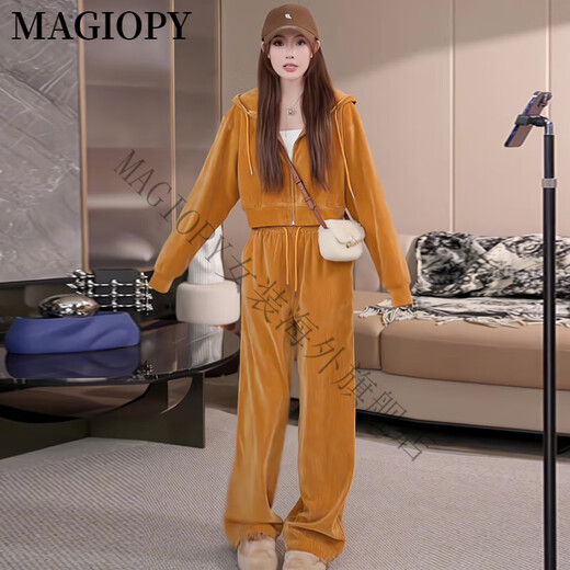 MAGIOPY国际奢侈高档品牌多巴胺休闲运动套装女春季2025新款洋气丝绒短款 桔色两件套 S(100斤以内)