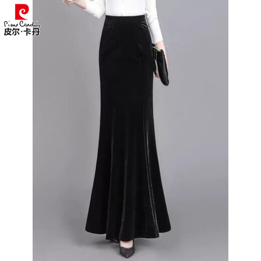 Pierre Cardigan long gold velvet skirt fishtail skirt spring draping effect slimming tall women hip-covering long skirt showing temperament black 2XL 140-155