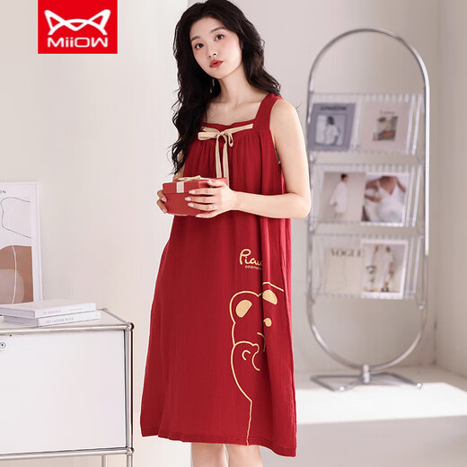 
Cat Man MIIOW nightgown Women's summer pure cotton thin sleeveless suspender pajamas suit wedding festive natal D9906 M