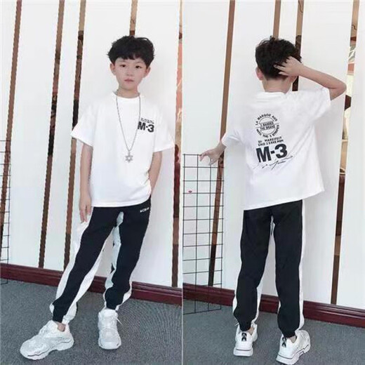 落跑姐妹 RUNAWAY SISTERS男童夏装套装潮帅气儿童运动两件套大童韩版渐变短袖长裤 9856白+5725渐变 120 建议110-120cm