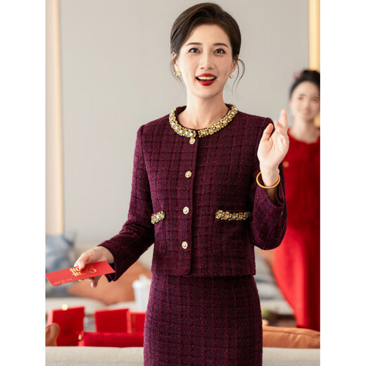 Wind top and skirt suit 2025 new style light luxury autumn and winter wedding dress for mom high burgundy_6407 2XL