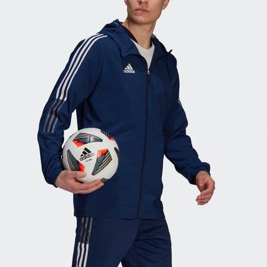 阿迪达斯 （adidas）Tiro 21 侧边三条纹拼色Logo印花足球运动连帽外套夹克 男款 深蓝 深蓝色 S