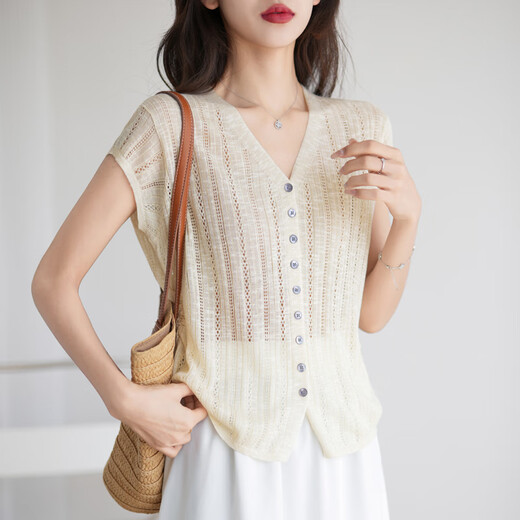 Touchmiss Strick-Strickjacke für Frauen 2025 Sommer neuer eleganter Stil hohl Himmel und ärmelloses gestricktes Top für Frauen Chick Yellow S (105jin [Jin gleich 0,5 kg] oder weniger)