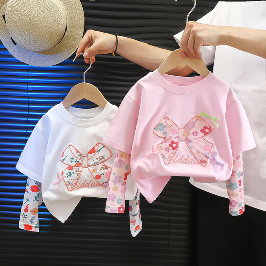 No. 1 Phoenix girls short-sleeved T-shirt 2024 summer new fake two-piece sun protection clothing ice silk sleeves refreshing, comfortable and breathable sun protection T-shirt white 80 cm