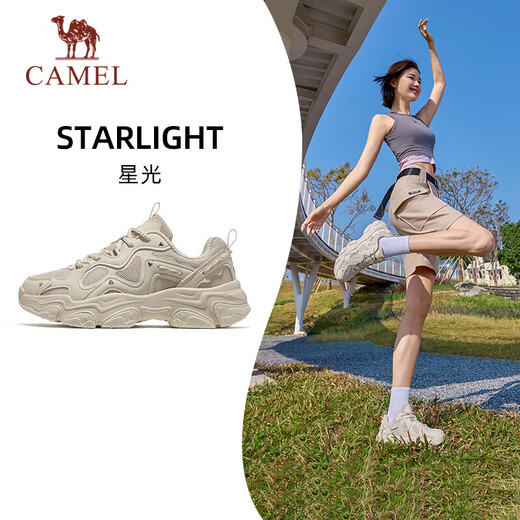 骆驼（CAMEL）厚底增高老爹女鞋透气休闲潮运动鞋子 X25B09L7031 浅米白/灰 37