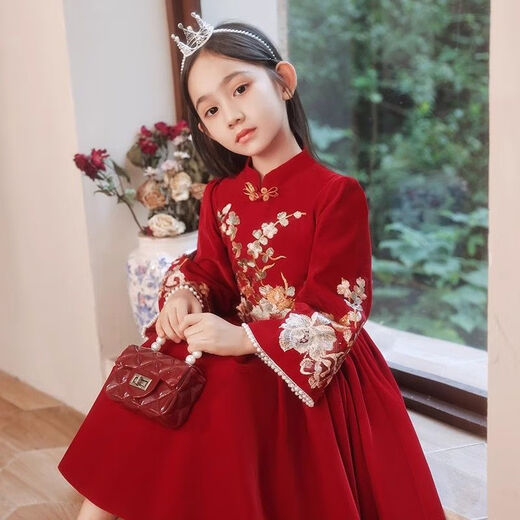 Disney (Disney) 25 new red dress princess winter velvet children's long-sleeved skirt girls autumn and winter dress spring and autumn new year velvet skirt 1755* red 160