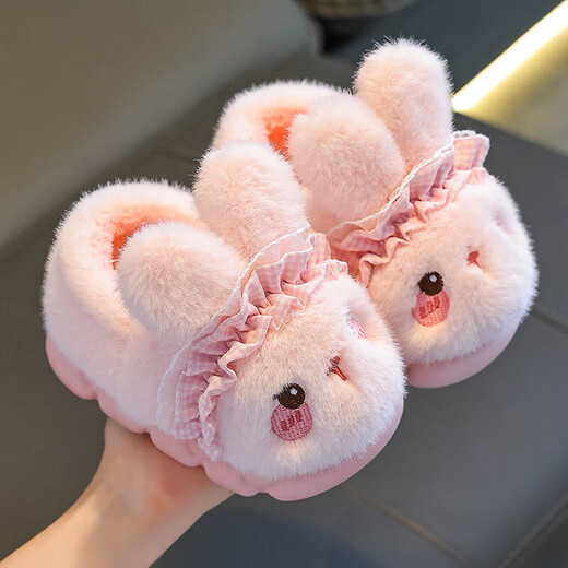 Rabbit Children's Cotton Slippers for Boys Winter Cartoon Cute Non-Slip Indoor Bathing Soft Soled Baby Slippers Pink (Heel Included) 12 Size 32/33 (Shoe Inner Length 19CM Suitable for Foot Length 18