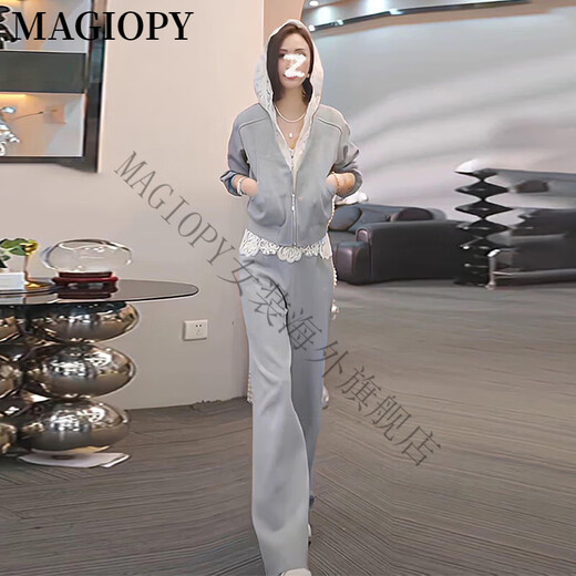 Magiopy International Luxury High-End-Marke Mode altersreduzierende Freizeitanzug für Frauen Frühling Spitze Spitze gefälschte zweiteilige Jacke Graues zweiteiliger Set XL (121-130jin [Jin ist gleich 0,5 kg]))
