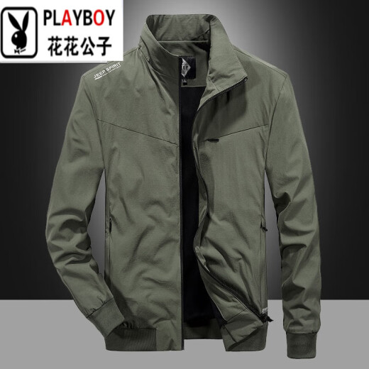 花花公子（PLAYBOY）春秋季夹克男立领大码薄款上衣工装外套男士弹力防水防风上衣男装 军绿色 XD2677 M
