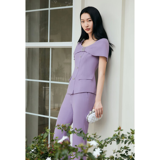 OBBLIGATO Summer Special Sweetheart Neck Diamond Button One-piece Cap Sleeve Design Top Taro Purple Women's Pants S