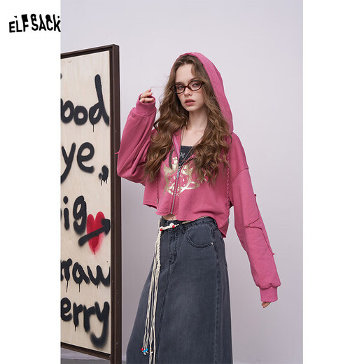 妖精的口袋美式草莓印花连帽卫衣外套女2025秋新款小个子薄款开衫 俏皮玫粉色 S