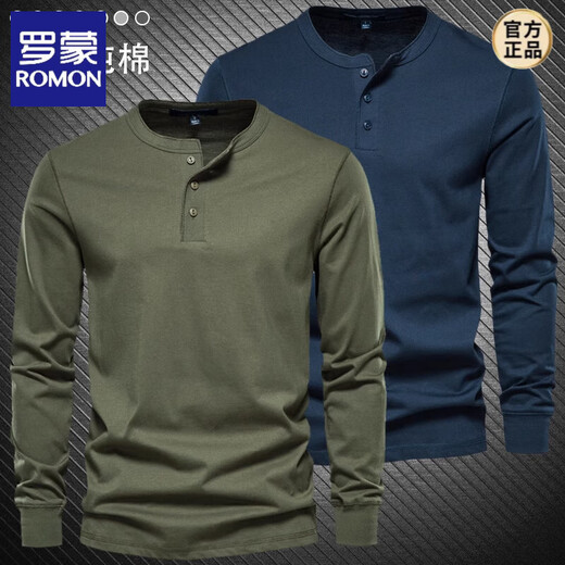 ROMON long-sleeved t-shirt for men, pure cotton, heavyweight army green henley shirt, American spring and autumn round neck open-neck top, royal blue M (weight 130-145Jin Jin equals 0.5kg)