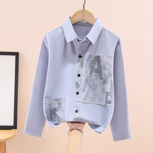 Hengyuanxiang boys' shirt pure cotton long-sleeved spring children's lapel printed shirt baby middle and large children plus velvet thickening modern style blue gray 170 cm
