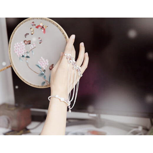 Shiyun Hanfu ancient style bracelet ring one silver bell light purple jewelry ring set chain ancient style bracelet bracelet ring set of bracelet rings