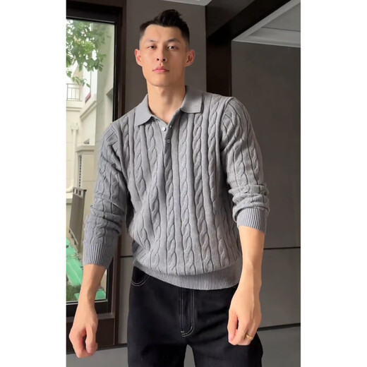 Muwei old money style Henry shoulder sweater men's autumn new retro polo collar cable knit bottoming top shirt gray XL recommended 130-150Jin Jin equals 0.5 kg