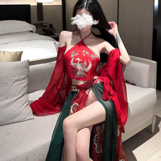 谜姬（Mizz zee）性感古风汉服睡衣服调情免脱制服诱惑装激情床上套装qqny 红色汉服套装+9756镂空网衣套装 均码 (建议80-130斤) 夫妻房事情趣助爱床上
