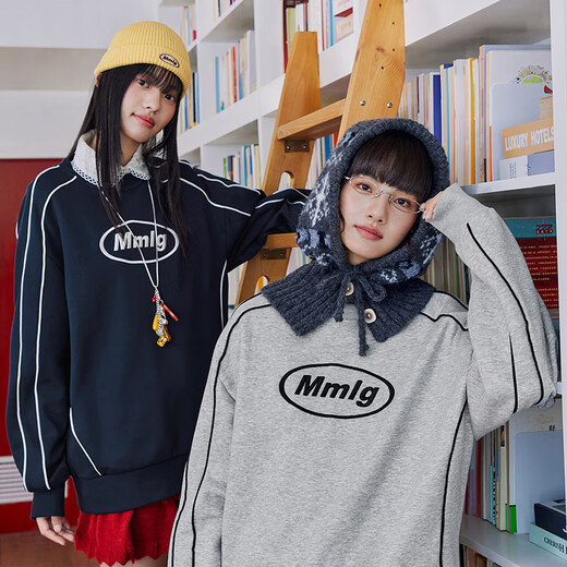 Mmlg velvet round neck sweatshirt for women and men 2025 new autumn and winter fashion line stitching embroidered logo couple tops dark blue S