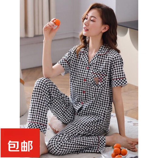 
Pang Donglai DL summer pure cotton pajamas women's short-sleeved trousers thin 2025 new style plaid cotton summer mother home A9923 M Suggestion-80-95Jin[Jin equals 0.5 kg]