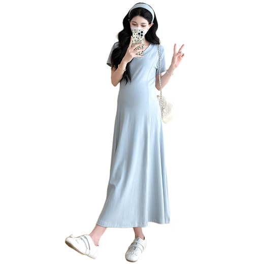 以欧M孕妇夏季v领气质A字显瘦孕妇连衣裙简约休闲百搭大码裙子6630 灰色连衣裙 L