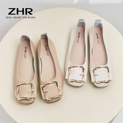 ZHR single shoes women's soft flat bottom light mouth bean women's shoes fairy style light lazy shoes one-step AH95F beige 38